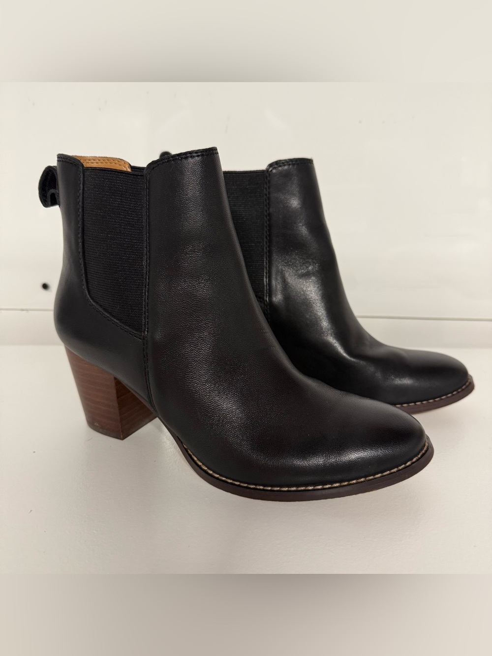 J. Crew Black Leather Chelsea Ankle Boots with Wood-Block Heel